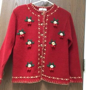 Vareuse red knit cardigan Japanese designer, wool blend, cherries, sz M L